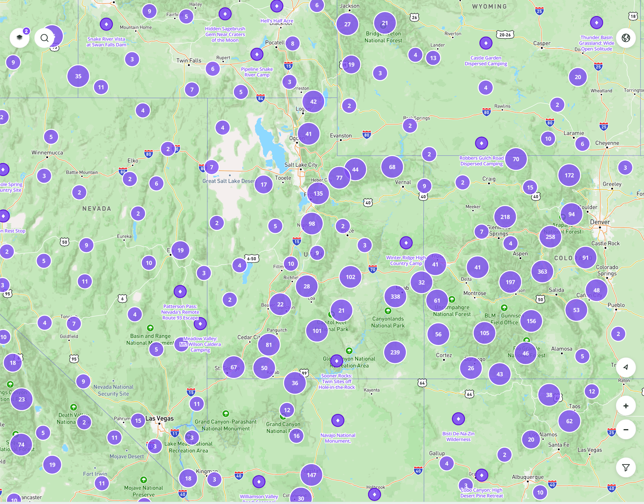 Map view showing thousands of community-curated hidden gem campsites