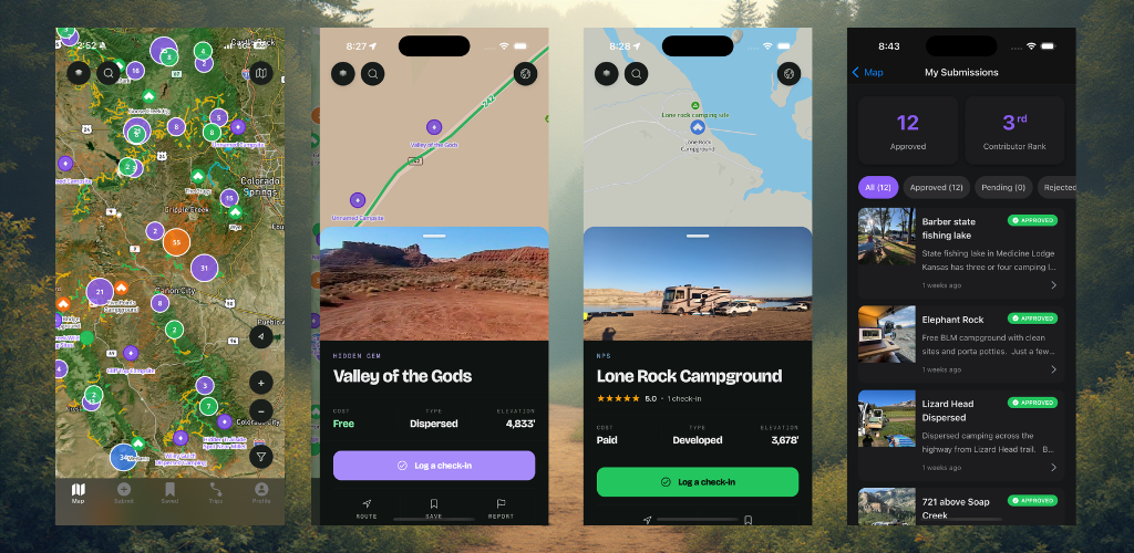 Dispersed app screenshots: map, hidden gem detail, campground detail, and contributor submissions